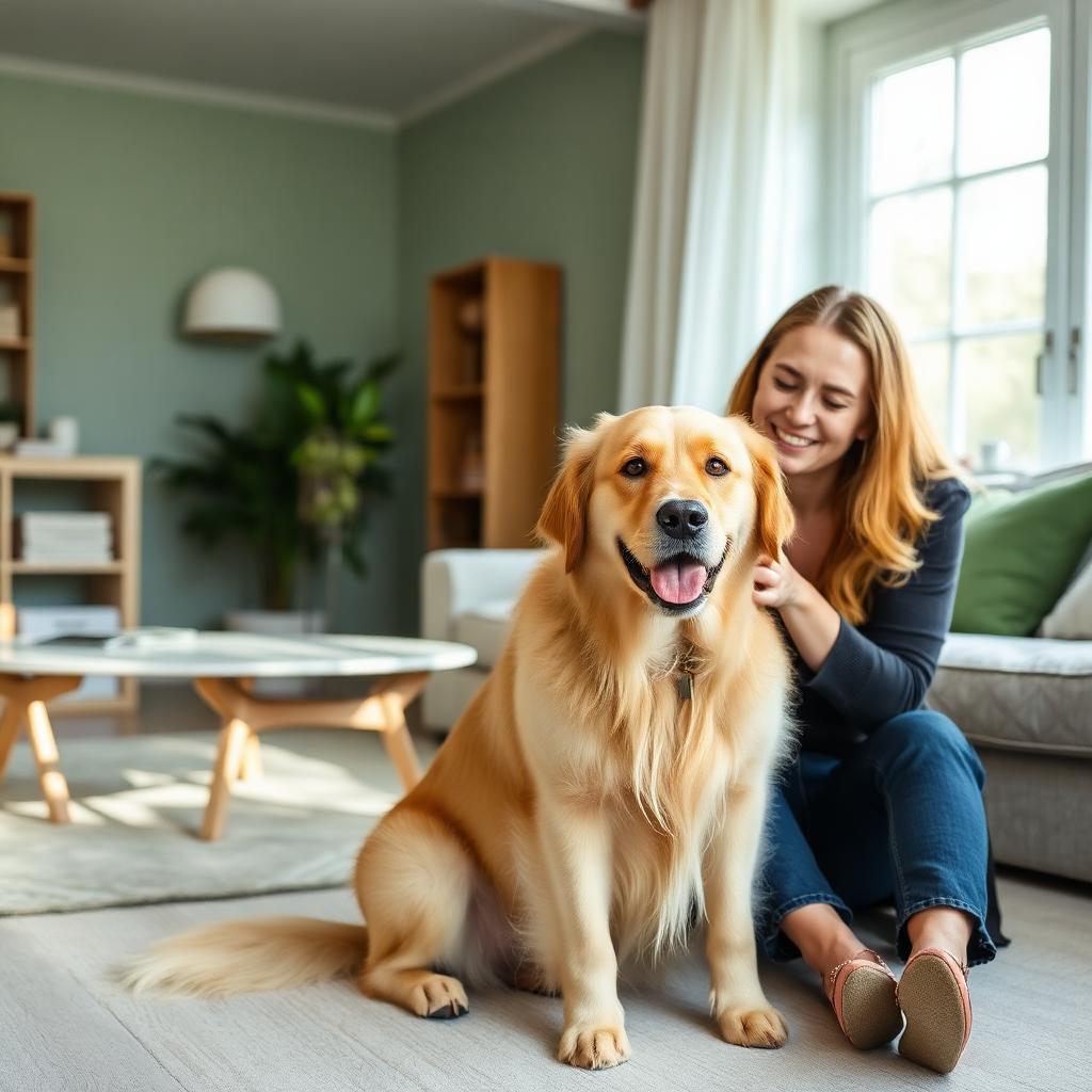 Tutor sorrindo e acariciando cão tranquilo em casa